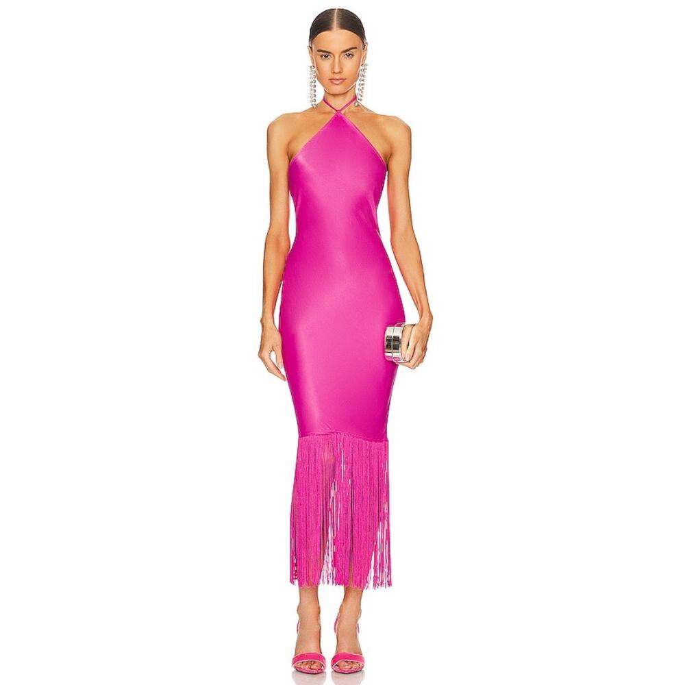 Camila Coelho Payton Party Fringe Halter Hot Pink Maxi Dress NWT Small